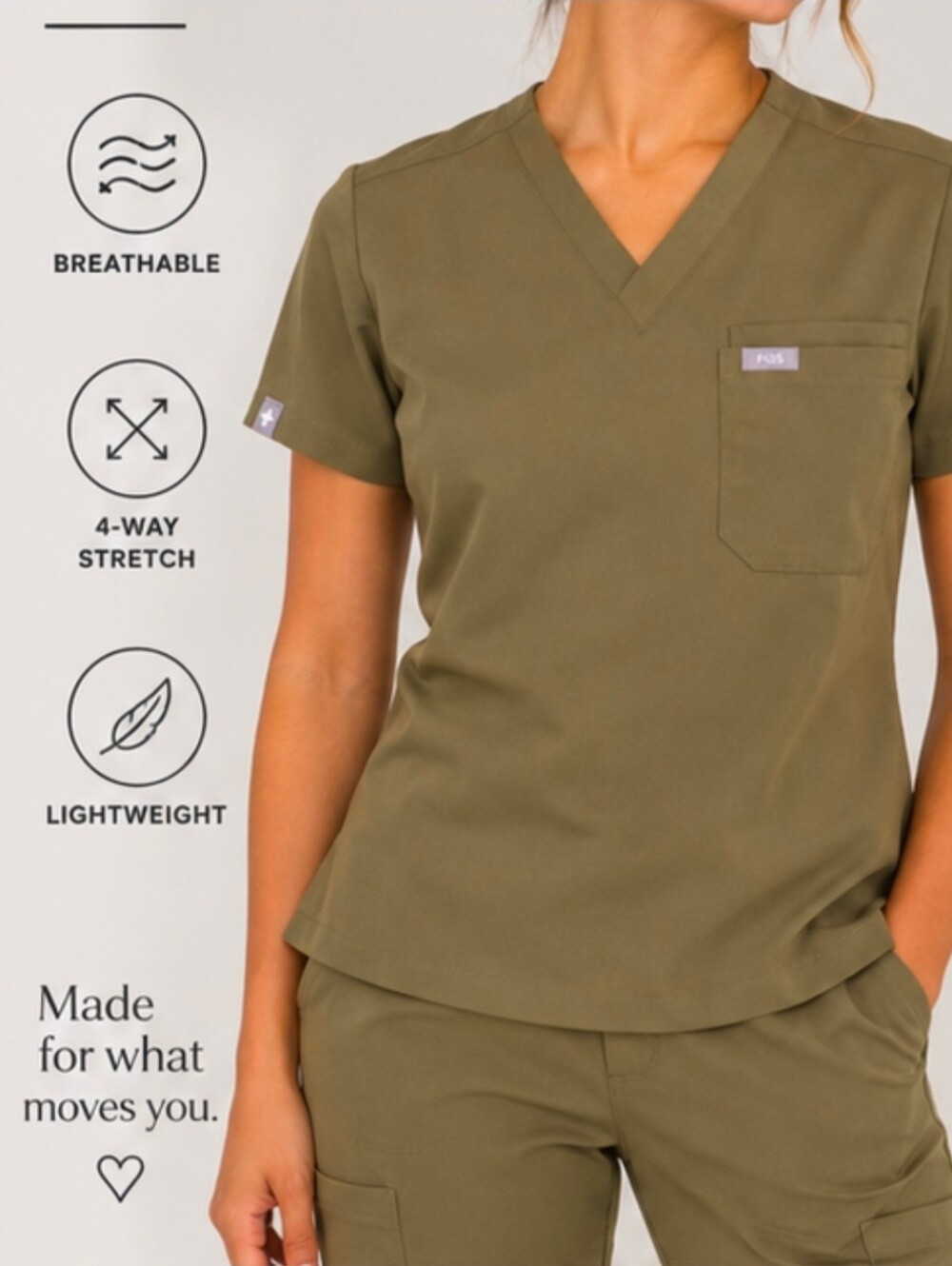 FIGS Olive Green V-Neck Scrub Top XXS Single Pocket Stretch Medical Uniform